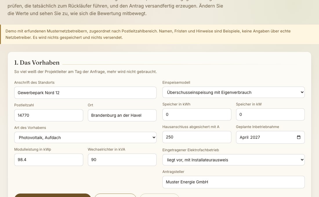 Bildschirmausschnitt der Netzanfrage mit Ampelring, Leistungsbalken und Zeitstrahl